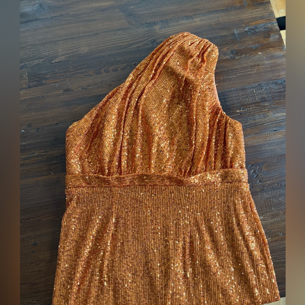 Ieena for Mac Duggal Sequined Ruched One Shoulder Gown - Orange - Picture 5 of 8